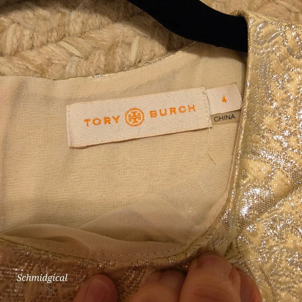 Tory Burch Gold Metallic Jacquard Sleeveless Tiered Top Size 4 Damask Shimmer